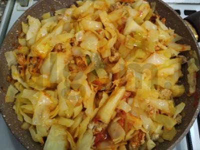 Troškinti kopūstai su malta mėsa, pomidorų pasta ir prieskoniais pagrindine nuotrauka