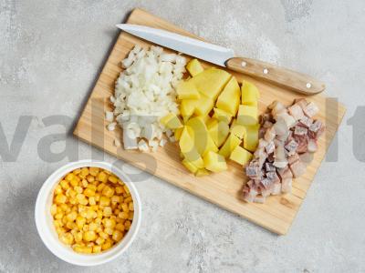 Salotos tartaletėse su kukurūzais ir silke Žingsnis 1