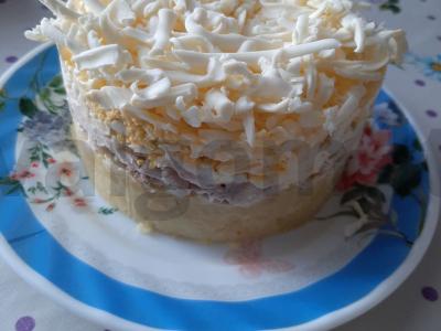 Salotos su vištienos krūtinėle, bulvėmis ir lydytu sūriu pagrindine nuotrauka