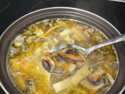 Makaronų sriuba su daržovėmis ir grybais pagrindine nuotrauka