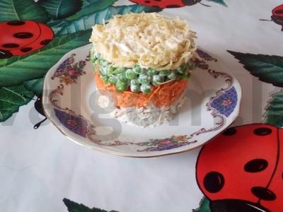 Vištienos ir žaliųjų žirnelių salotos su morkomis pagrindine nuotrauka