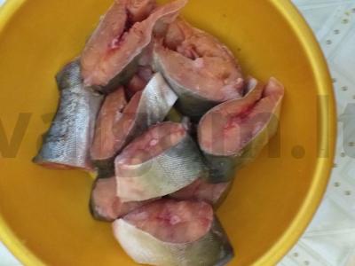 Rausva lašiša po sūriu ant svogūnų lysvės Žingsnis 1