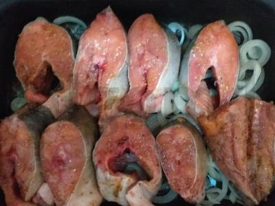 Rausva lašiša po sūriu ant svogūnų lysvės Žingsnis 5