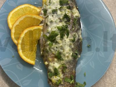 Vaivorykštinė upėtakis su česnakine žolele po balta skraiste pagrindine nuotrauka