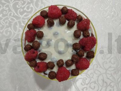 Aviečių desertas su varške, razinomis ir šokoladiniais rutuliukais pagrindine nuotrauka