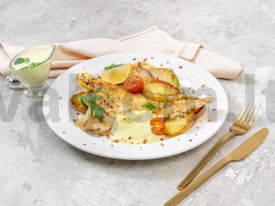 Plačiakarpis su šparagų kremu ant bulvių pagalvėlės pagrindine nuotrauka