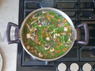 Grikių sriuba su grybais ir vištiena pagrindine nuotrauka