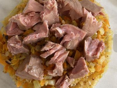 Raudona lęša karis su tunu ir apkepu Žingsnis 4