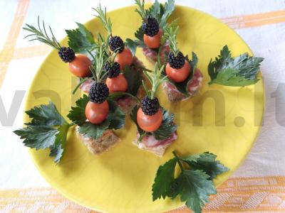 Kanarė su dešra, pomidorais ir gervuogėmis pagrindine nuotrauka