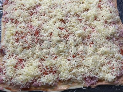 Pica ant sluoksniuoto tešlos su gaudos sūriu ir rūkytomis dešromis Žingsnis 8