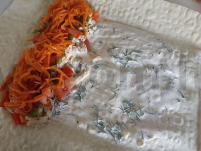 Šašlykas lavaše su vištiena, korėjietiška morkų salotomis ir šviežiais žalumynais Žingsnis 4