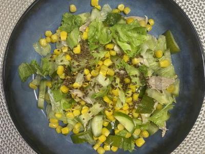 Salotas su silpnai sūdytais agurkais ir vištienos filė pagrindine nuotrauka