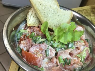 Vasaros salotos su pomidorais ir skrudintomis duonomis pagrindine nuotrauka