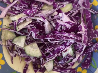 Skanus salotas iš kopūstų ir agurkų pagrindine nuotrauka