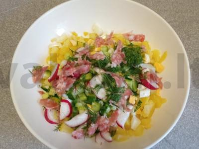 Okroška su rūkytomis dešromis ir majonezu ant pieno išrūgų Žingsnis 7