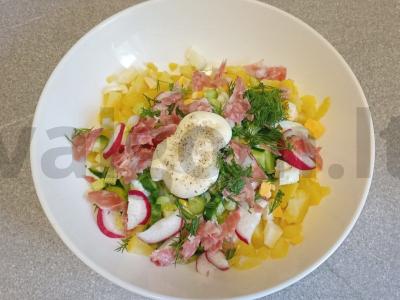 Okroška su rūkytomis dešromis ir majonezu ant pieno išrūgų Žingsnis 9