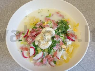 Okroška su rūkytomis dešromis ir majonezu ant pieno išrūgų Žingsnis 10