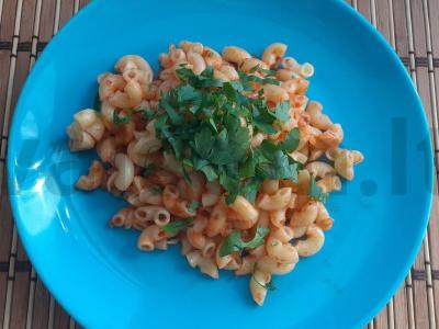 Makaronai su daržovėmis ir pomidorų pasta kaip garnyras pagrindine nuotrauka