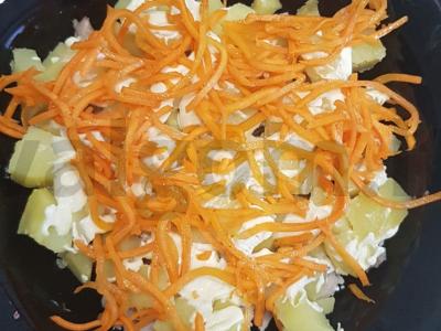 Salotos su vištiena, raudonuoju svogūnu ir marinuotais grybais Žingsnis 3