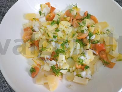 Bulvių salotas su marinuotais pievagrybiais ir vynuogių aliejumi Žingsnis 6