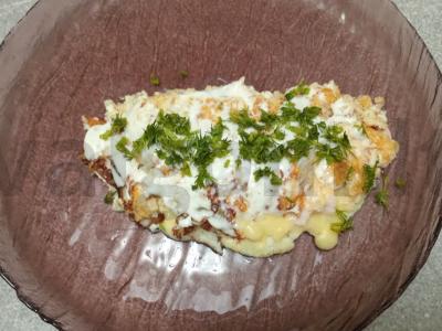 Avižų blynas su rūkytomis vištienos krūtinėlėmis ir sūriu Žingsnis 9