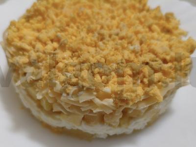 Salotas su kiaušiniu, ananasais, sūriu ir obuoliais pagrindine nuotrauka