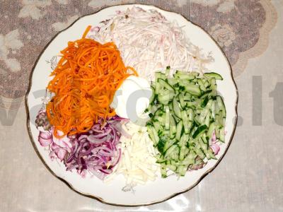 Salotas „Gėlynas“ su rūkytomis vištienos šlaunelėmis ir korėjietiška morkų salotomis Žingsnis 5