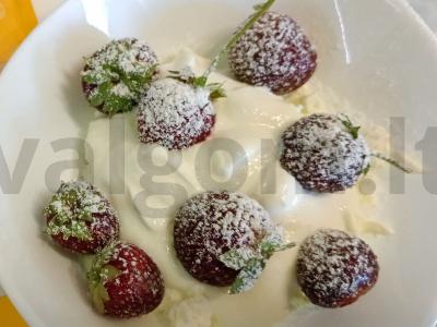 Varškės desertas su cukraus pudra ir braškėmis pagrindine nuotrauka