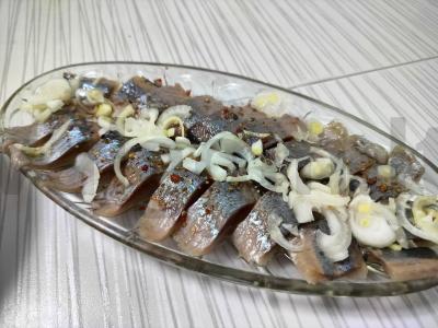 Sūdyta silkė su svogūnais ir prieskoniais pagrindine nuotrauka