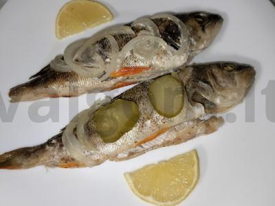 Keptas ešerys su marinuotais agurkais ir svogūnais grietinės marinate pagrindine nuotrauka