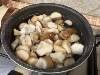 Keptas patiekalas su baltomis grybeliais ir kiauliena Žingsnis 1