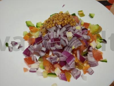 Mango, šviežių daržovių, jalapeño pipirų salotos su grūdėtos garstyčių padažu Žingsnis 5