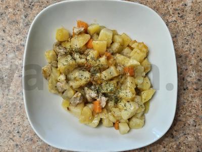 Troškinta bulvė su mėsa ir daržovėmis lėtoje viryklėje pagrindine nuotrauka