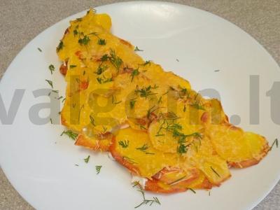 Bulvių blynai su česnaku padažu ir dešra pagrindine nuotrauka