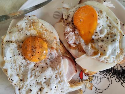 Tostai su vištiena ir kiaušiniu pusryčiams pagrindine nuotrauka