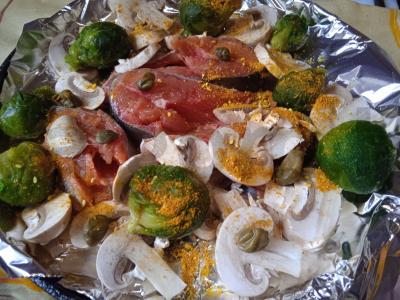 Lašiša, kepta su pievagrybiais ir Briuselio kopūstais po sūriu Žingsnis 5