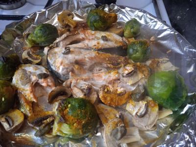 Lašiša, kepta su pievagrybiais ir Briuselio kopūstais po sūriu Žingsnis 6