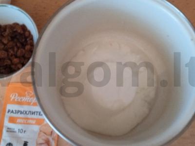 Blynai su raugintu pienu, manų kruopomis ir razinomis Žingsnis 1