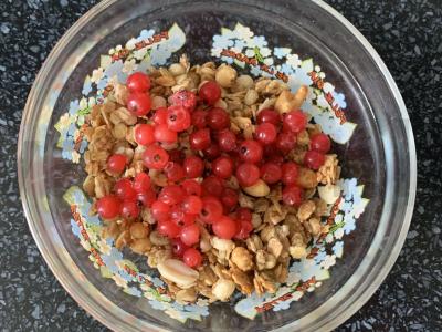 Müsli su halva, raudonosiomis serbentėmis ir jogurtu Žingsnis 1