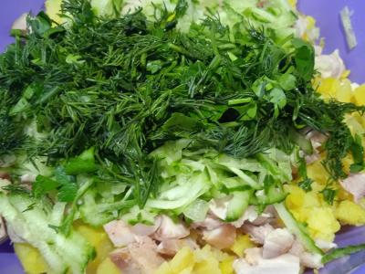 Okroška ant kvass su virta vištiena ir grietinės bei majonezo mišiniu Žingsnis 6