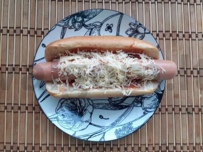 Karštas šuo su sūriu, marinuotais agurkėliais ir svogūnais pagrindine nuotrauka