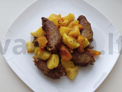 Anties kaklo česnako-medaus marinate su moliūgo ir bulvių garnyru pagrindine nuotrauka