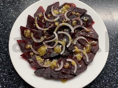 Burokėliai su garstyčiomis, linų sėmenų aliejumi, prieskoniais ir svogūnais Žingsnis 8