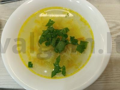 Vištienos sriuba su kiaušinių makaronais ir kiaušiniu pagrindine nuotrauka