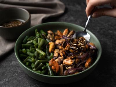 Salotas su žaliąja pupelių ir midijomis Žingsnis 6