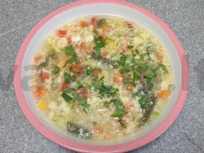 Daržovių, rizonių ir kiaušinio sriuba pagrindine nuotrauka