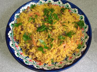 Bulguras su keptais pievagrybiais, morkomis ir svogūnais pagrindine nuotrauka