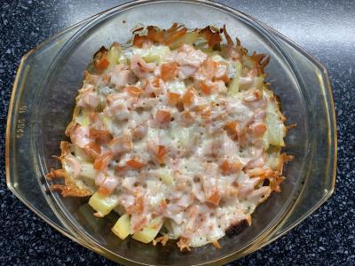 Jauni bulvės su karbonaidu, pomidoru ir sūriu orkaitėje Žingsnis 8