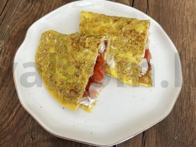 Avižų blynas su pomidorais ir vištienos dešrelėmis pusryčiams pagrindine nuotrauka