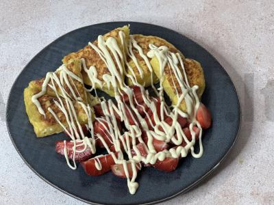 Saldus varškės blynas su braškėmis ir šokoladu Žingsnis 7